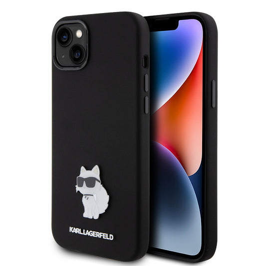 Hülle für Apple iPhone 15 Plus, Karl Lagerfeld, Silicone Choupette Metal, Schwarz
