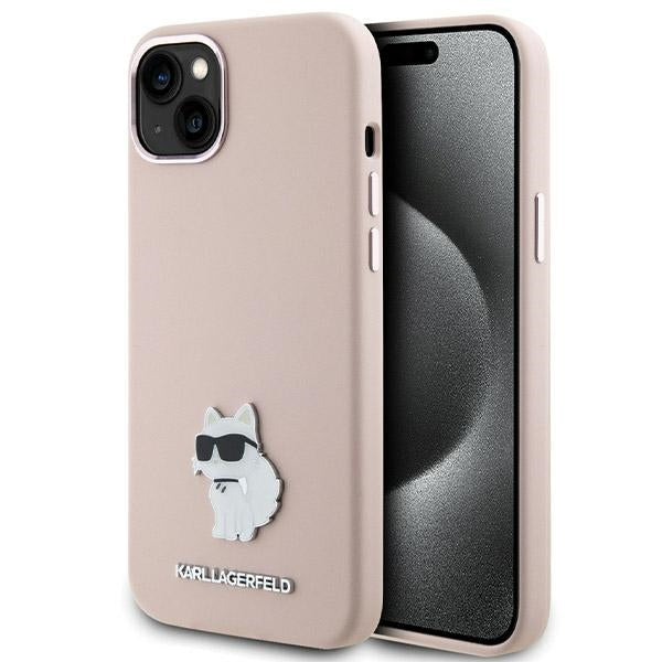 Hülle für Apple iPhone 15 Plus, Karl Lagerfeld, Silicone Choupette Metal, Rosa