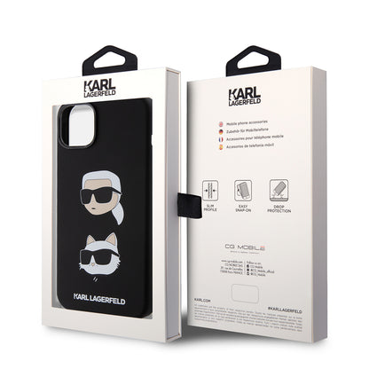 Case for Apple iPhone 15 Plus, Karl Lagerfeld, Silicone Karl & Choupette's Heads, Black