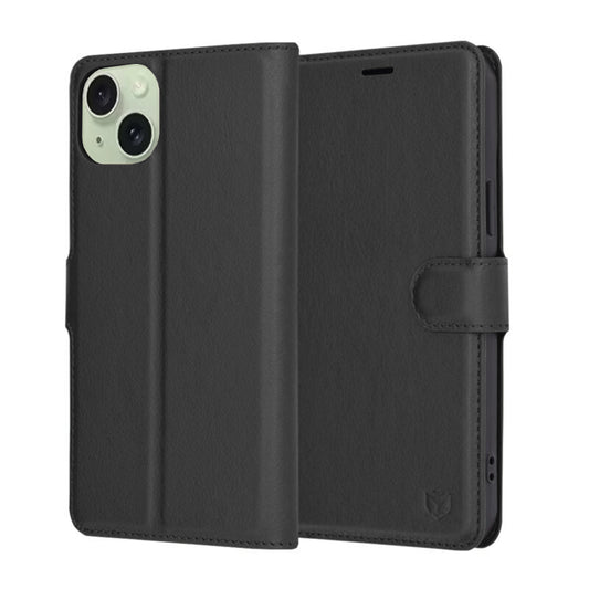 Hülle für Apple iPhone 15 Plus, Techsuit, Leder-Folio, Schwarz