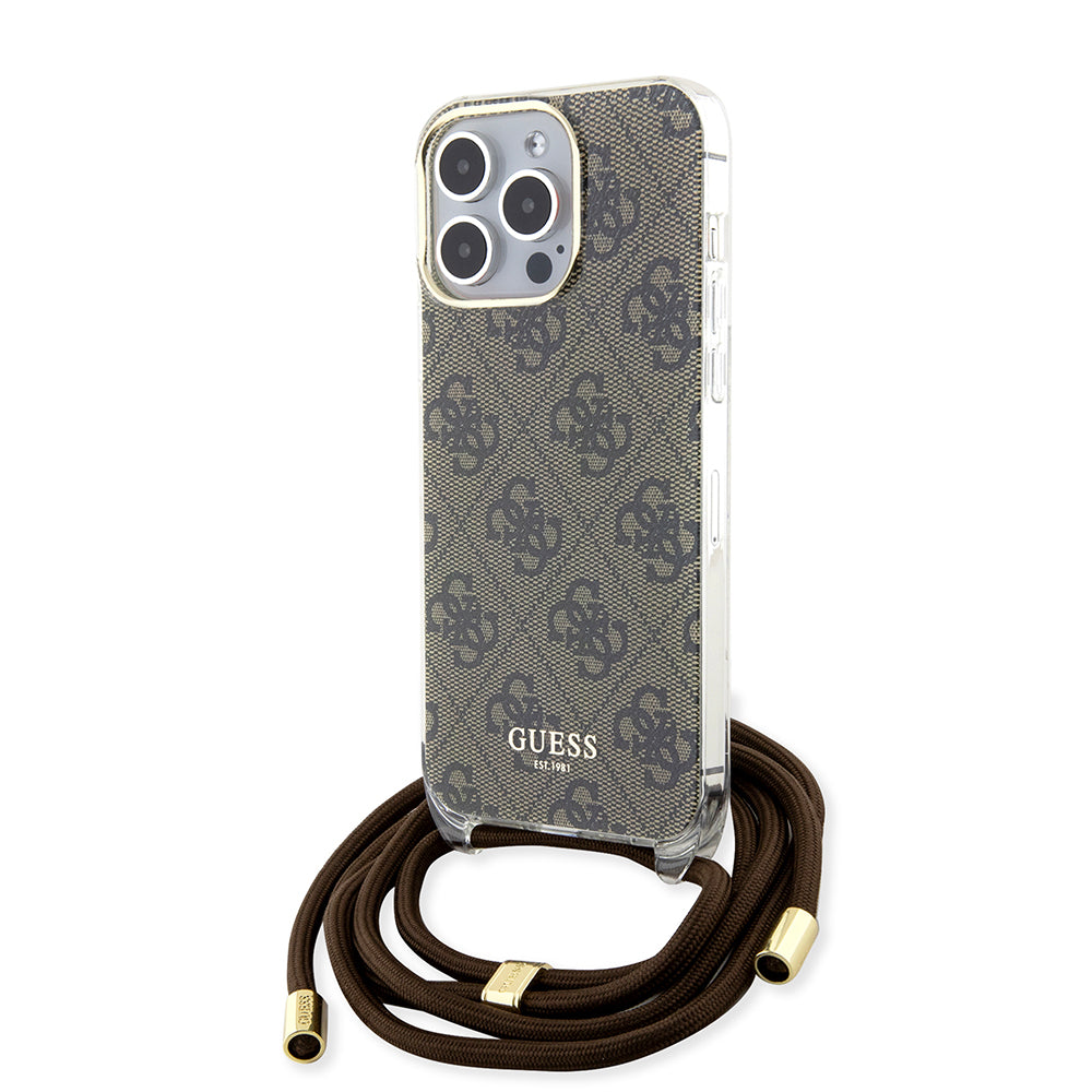 Hülle für Apple iPhone 15 Pro, Guess, Crossbody Cord 4G Print, Braun