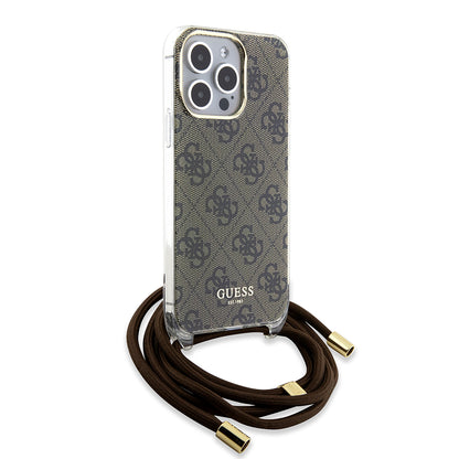 Hülle für Apple iPhone 15 Pro, Guess, Crossbody Cord 4G Print, Braun