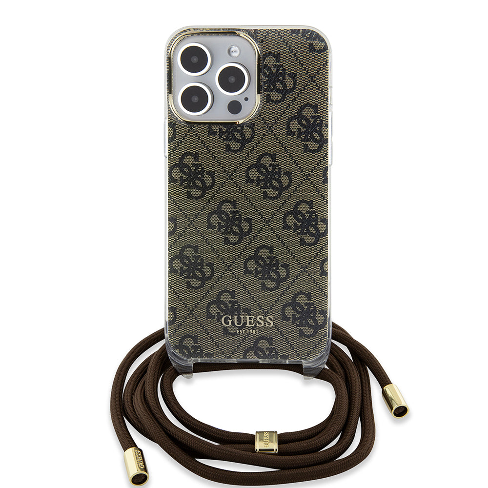 Hülle für Apple iPhone 15 Pro, Guess, Crossbody Cord 4G Print, Braun