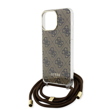 Hülle für Apple iPhone 15 Pro, Guess, Crossbody Cord 4G Print, Braun