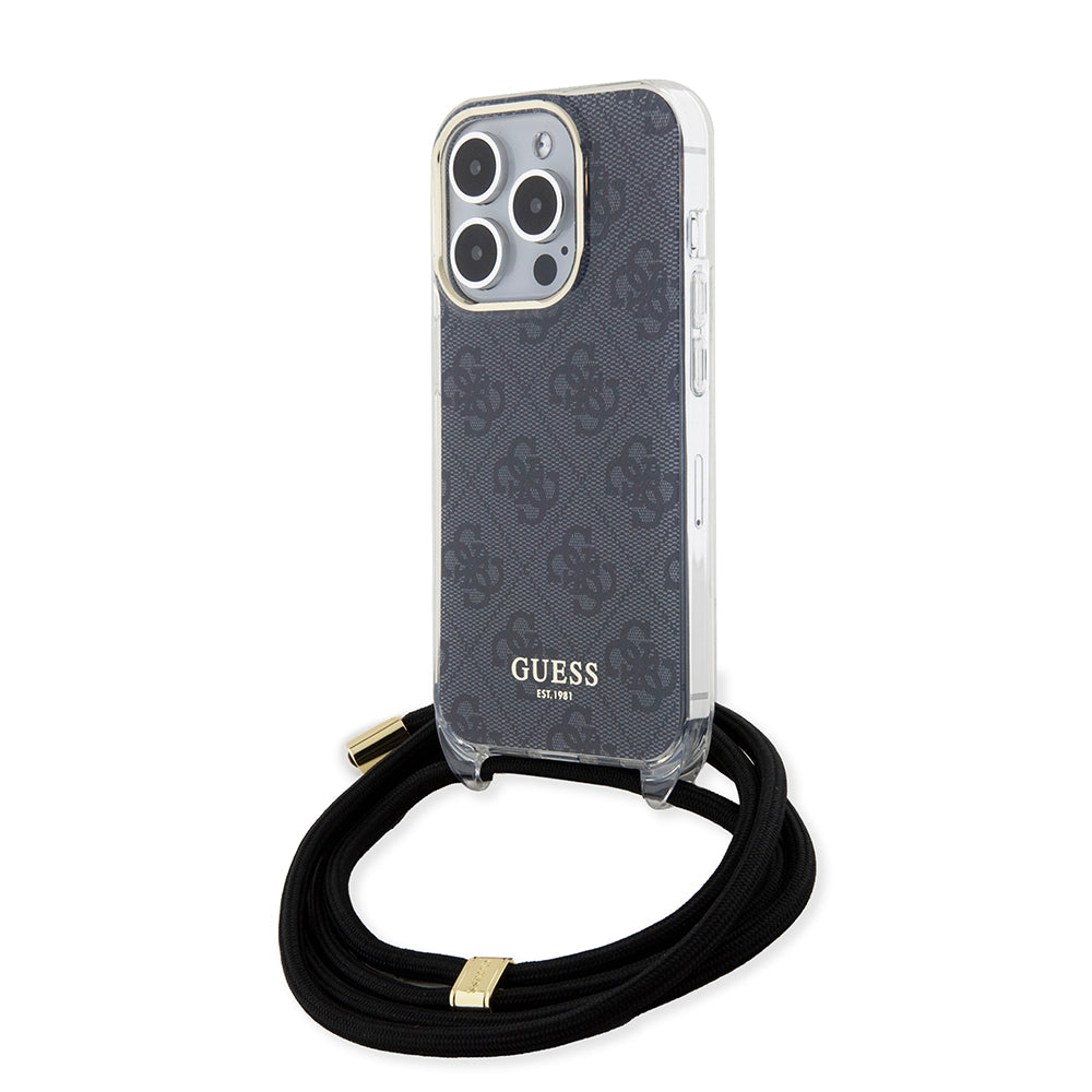 Hülle für Apple iPhone 15 Pro, Guess, Crossbody Cord 4G Print, Schwarz