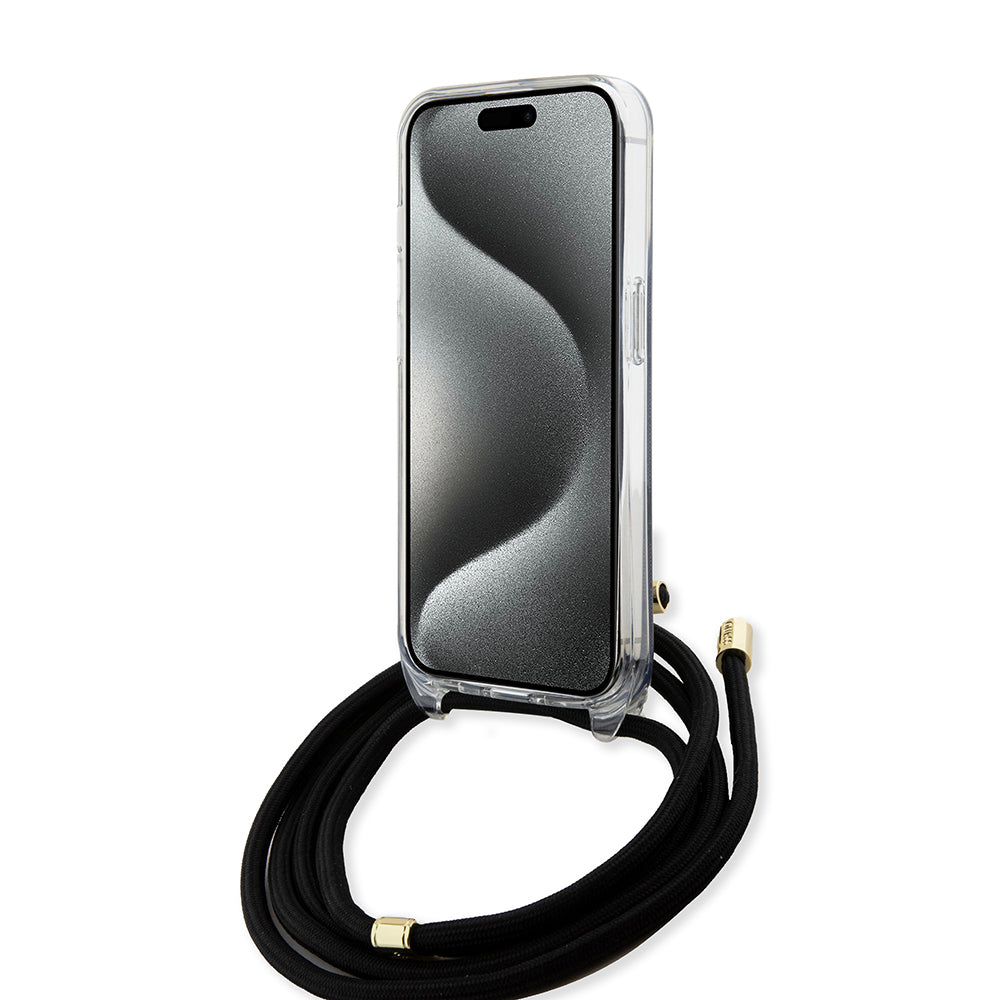 Hülle für Apple iPhone 15 Pro, Guess, Crossbody Cord 4G Print, Schwarz