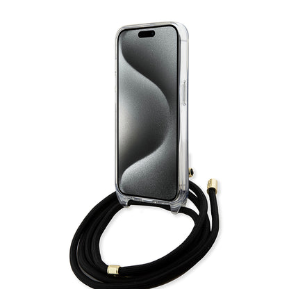 Hülle für Apple iPhone 15 Pro, Guess, Crossbody Cord 4G Print, Schwarz