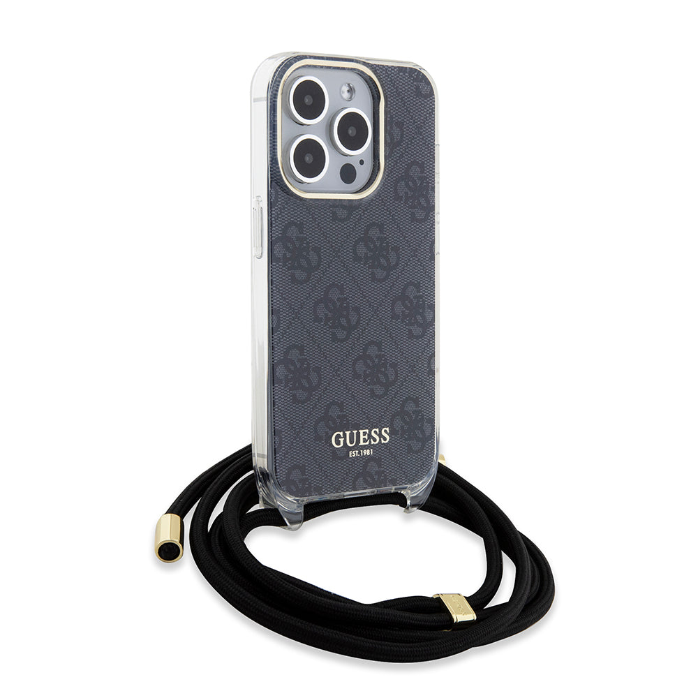 Hülle für Apple iPhone 15 Pro, Guess, Crossbody Cord 4G Print, Schwarz