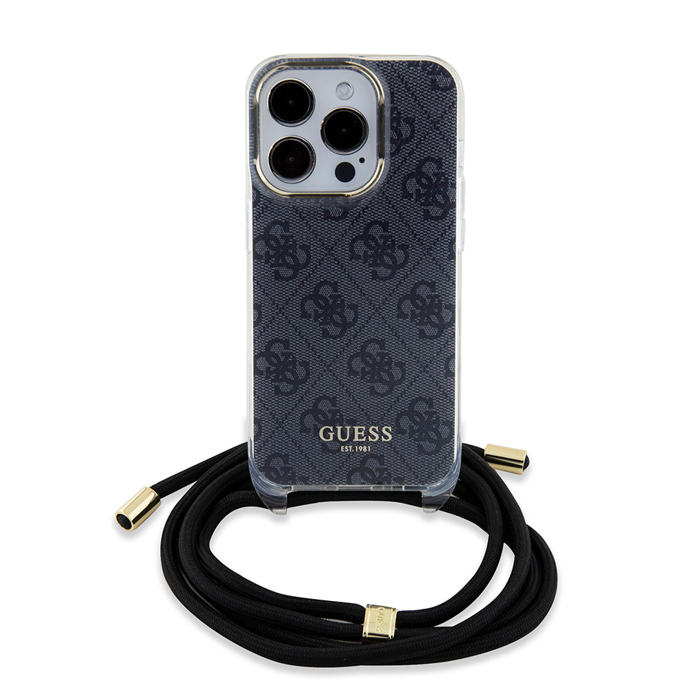 Hülle für Apple iPhone 15 Pro, Guess, Crossbody Cord 4G Print, Schwarz