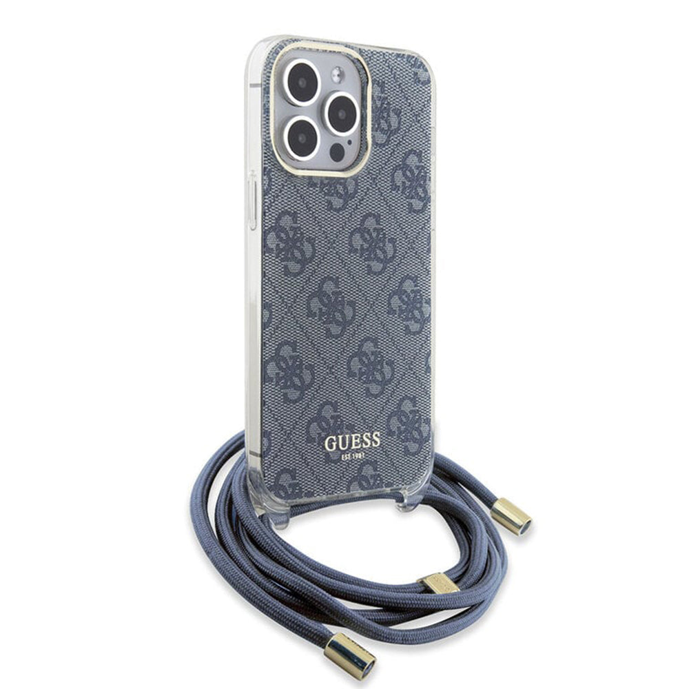 Hülle für Apple iPhone 15 Pro, Guess, Crossbody Cord 4G Print, Blau