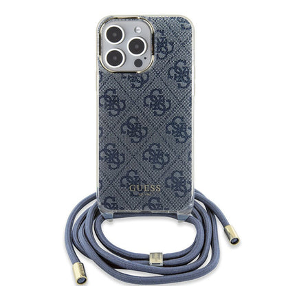 Hülle für Apple iPhone 15 Pro, Guess, Crossbody Cord 4G Print, Blau