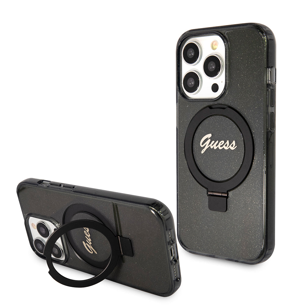 MagSafe Hülle für Apple iPhone 15 Pro, Guess, IML Ring Stand Glitter, Schwarz