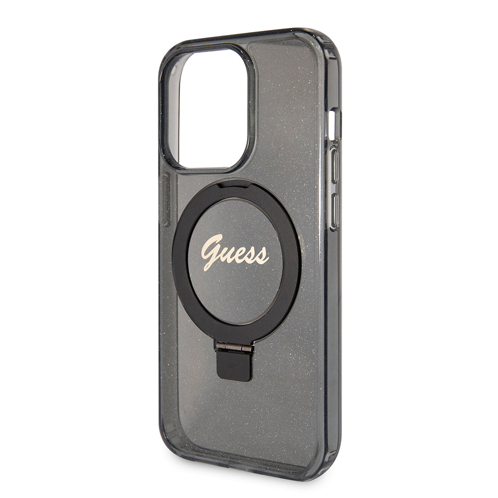 MagSafe Hülle für Apple iPhone 15 Pro, Guess, IML Ring Stand Glitter, Schwarz