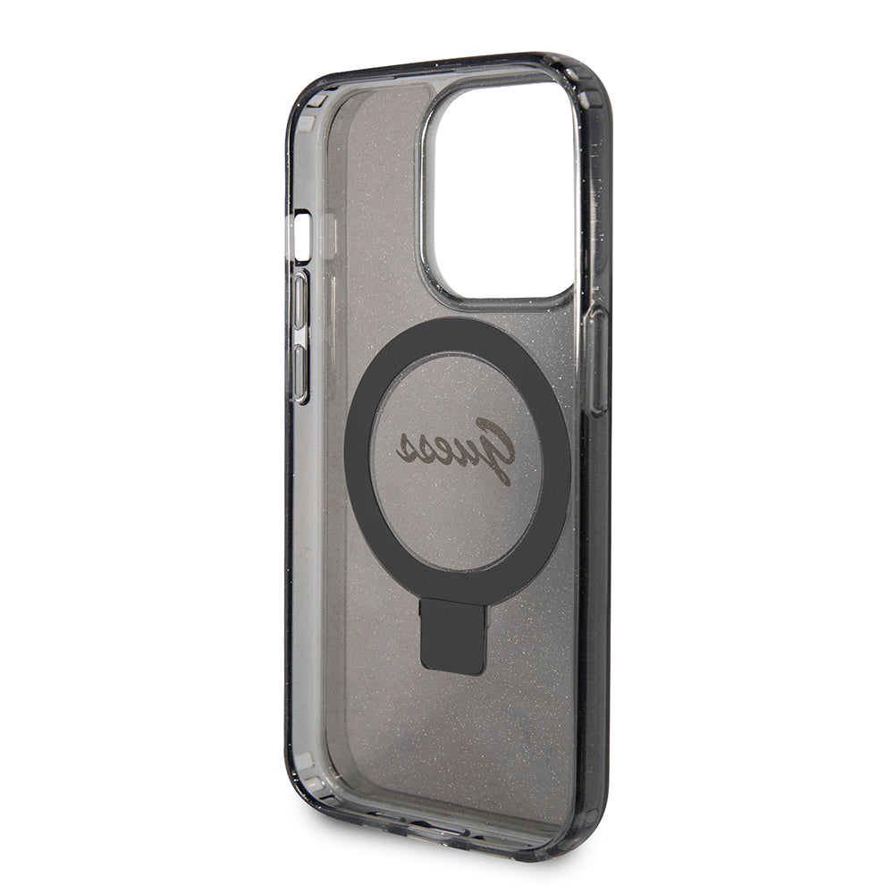 MagSafe Hülle für Apple iPhone 15 Pro, Guess, IML Ring Stand Glitter, Schwarz