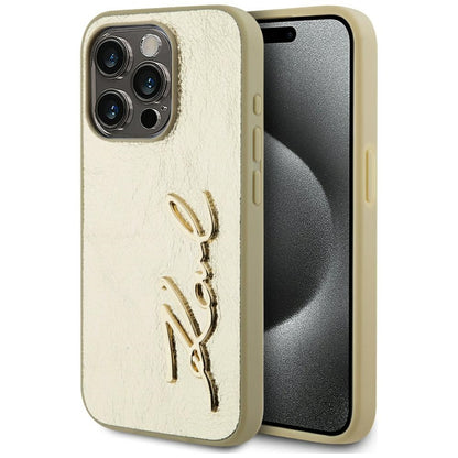 Hülle für Apple iPhone 15 Pro, Karl Lagerfeld, Metal Signature, Gold
