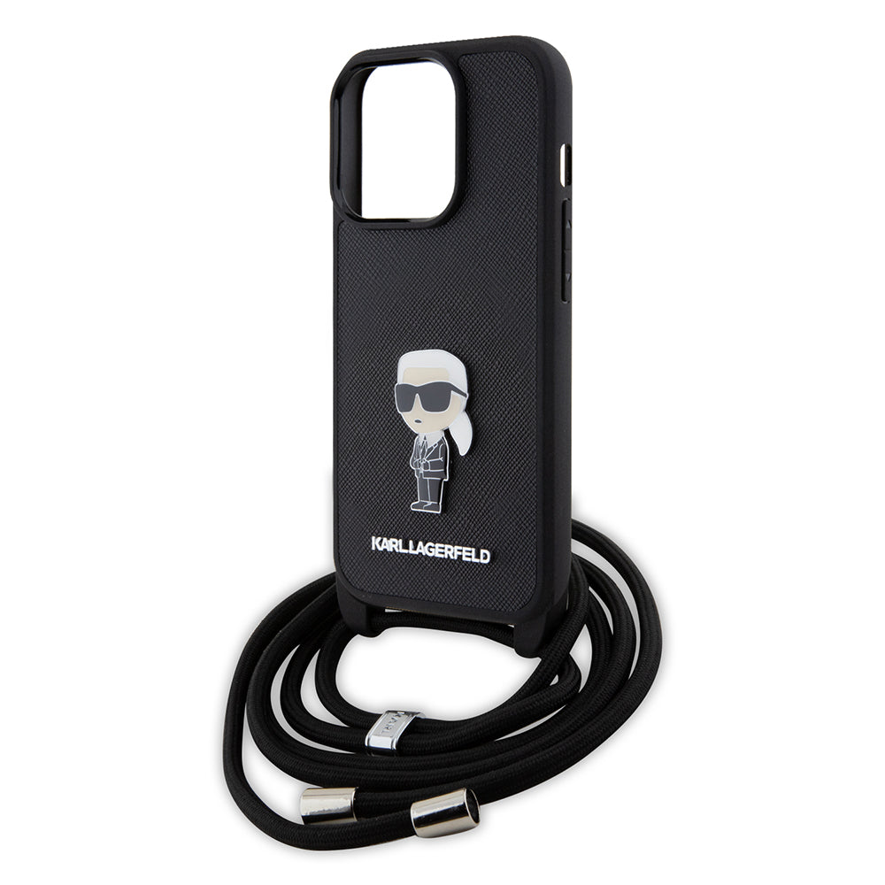 Hülle für Apple iPhone 15 Pro, Karl Lagerfeld, Saffiano Crossbody Monogram Metal Pin Karl, Schwarz