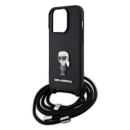 Hülle für Apple iPhone 15 Pro, Karl Lagerfeld, Saffiano Crossbody Monogram Metal Pin Karl, Schwarz