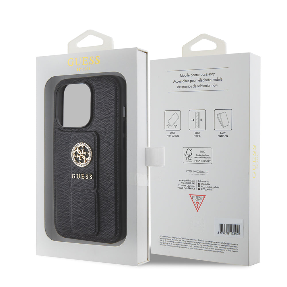 Hülle für Apple iPhone 15 Pro Max, Guess, Grip Stand 4G Saffiano Strass, Schwarz
