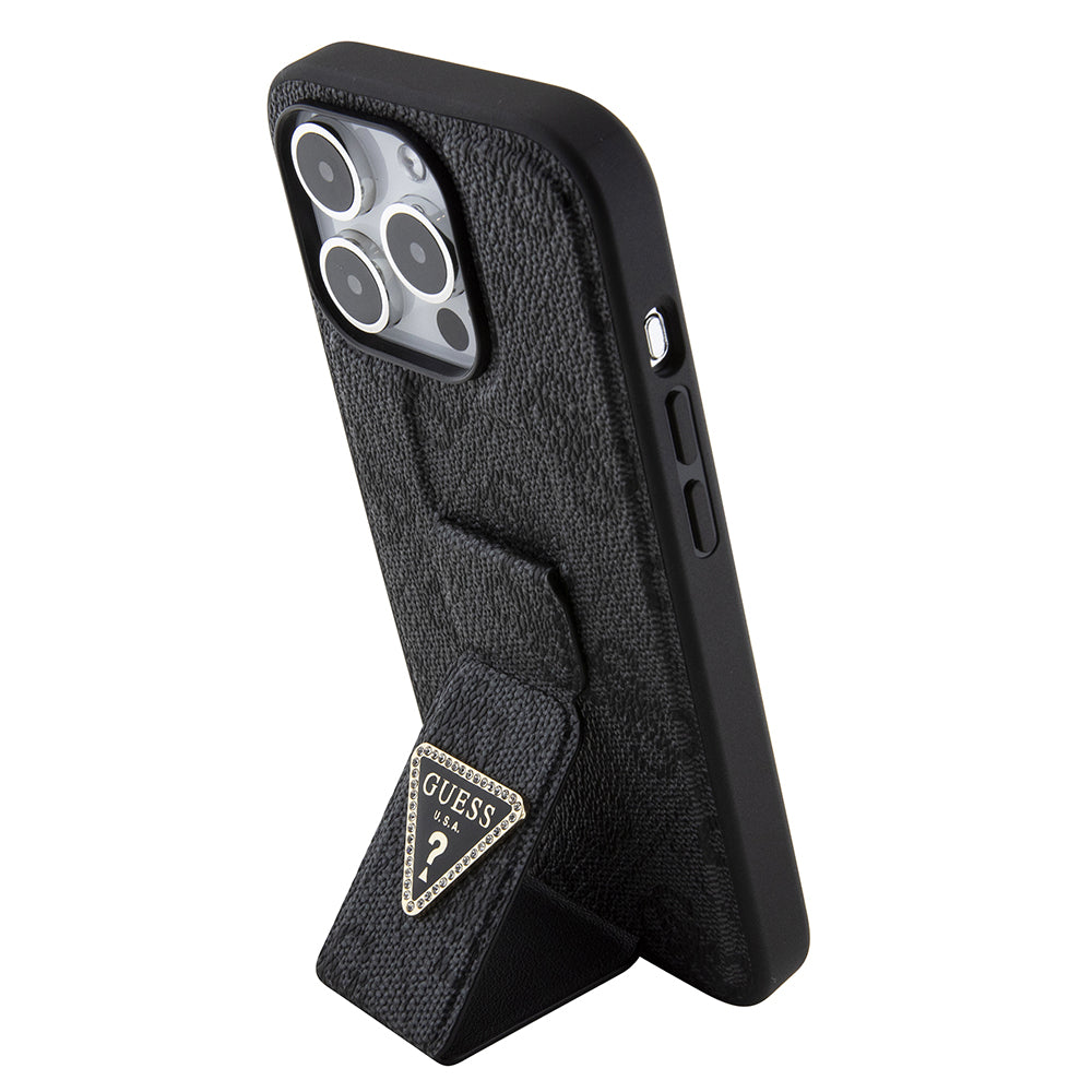 Hülle für Apple iPhone 15 Pro Max, Guess, Grip Stand 4G Triangle Strass, Schwarz