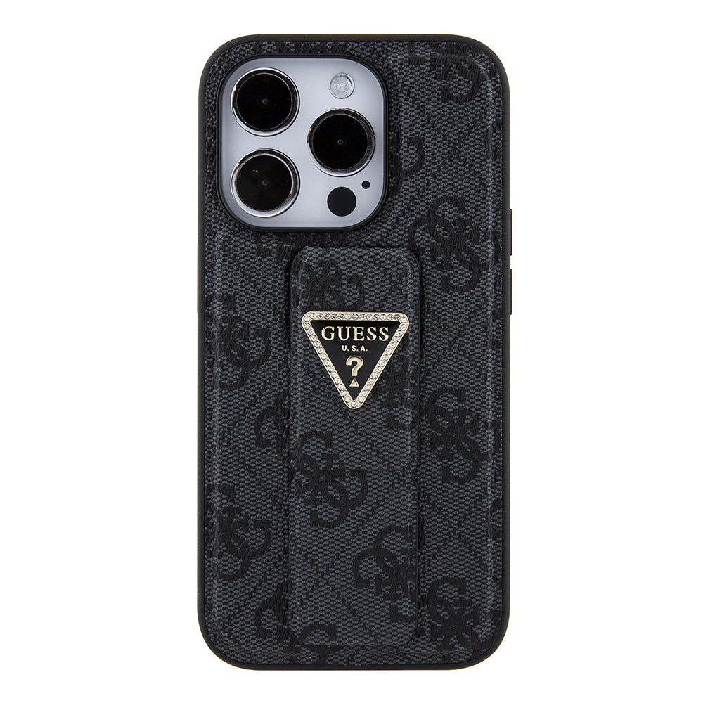Hülle für Apple iPhone 15 Pro Max, Guess, Grip Stand 4G Triangle Strass, Schwarz