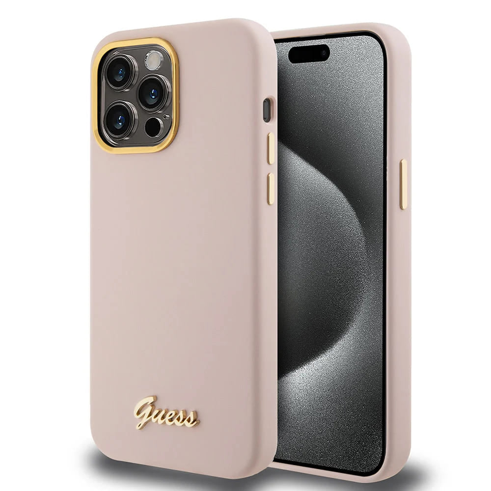 Case for Apple iPhone 15 Pro Max, Guess, Script Metal Logo & Frame, Light Pink