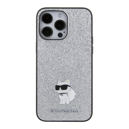 Hülle für Apple iPhone 15 Pro Max, Karl Lagerfeld, Glitter Fixed Choupette Logo, Silbern
