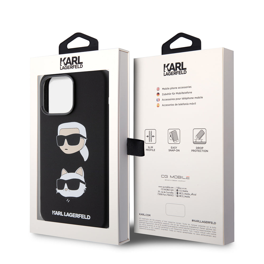 Hülle für Apple iPhone 15 Pro Max, Karl Lagerfeld, Silikon Karl & Choupette Köpfe, Schwarz