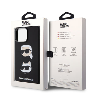 Hülle für Apple iPhone 15 Pro Max, Karl Lagerfeld, Silikon Karl & Choupette Köpfe, Schwarz