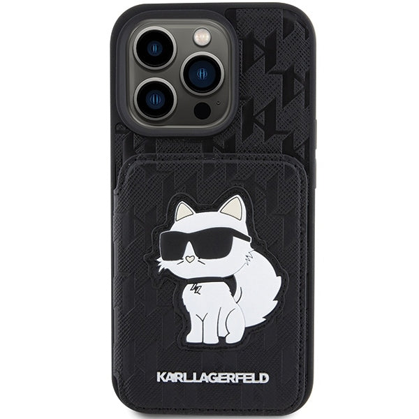 Hülle für Apple iPhone 15 Pro Max, Karl Lagerfeld, Saffiano Kartenfächer und Ständer Monogramm Choupette, Schwarz