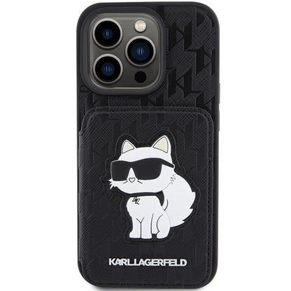 Hülle für Apple iPhone 15 Pro Max, Karl Lagerfeld, Saffiano Kartenfächer und Ständer Monogramm Choupette, Schwarz