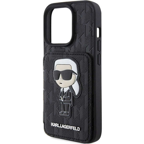 Hülle für Apple iPhone 15 Pro Max, Karl Lagerfeld, Saffiano Kartenfächer und Ständer Monogram Ikonik Karl, Schwarz