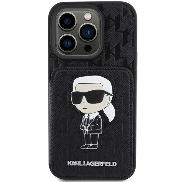 Hülle für Apple iPhone 15 Pro Max, Karl Lagerfeld, Saffiano Kartenfächer und Ständer Monogram Ikonik Karl, Schwarz