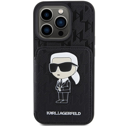 Hülle für Apple iPhone 15 Pro Max, Karl Lagerfeld, Saffiano Kartenfächer und Ständer Monogram Ikonik Karl, Schwarz