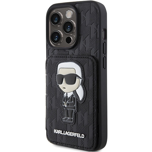 Hülle für Apple iPhone 15 Pro Max, Karl Lagerfeld, Saffiano Kartenfächer und Ständer Monogram Ikonik Karl, Schwarz