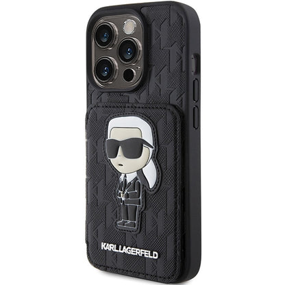 Hülle für Apple iPhone 15 Pro Max, Karl Lagerfeld, Saffiano Kartenfächer und Ständer Monogram Ikonik Karl, Schwarz