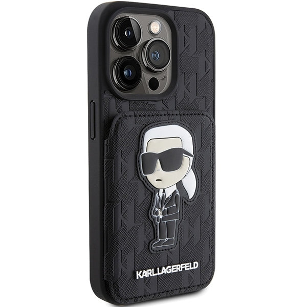 Hülle für Apple iPhone 15 Pro Max, Karl Lagerfeld, Saffiano Kartenfächer und Ständer Monogram Ikonik Karl, Schwarz