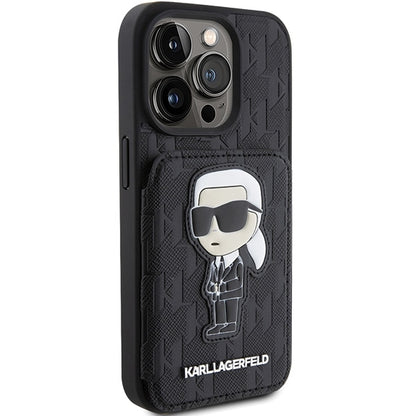 Hülle für Apple iPhone 15 Pro Max, Karl Lagerfeld, Saffiano Kartenfächer und Ständer Monogram Ikonik Karl, Schwarz