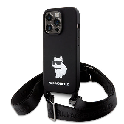 Hülle für Apple iPhone 15 Pro Max, Karl Lagerfeld, Silicone Crossbody Choupette, Schwarz