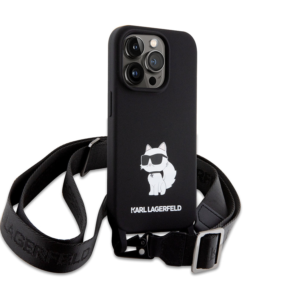 Hülle für Apple iPhone 15 Pro Max, Karl Lagerfeld, Silicone Crossbody Choupette, Schwarz
