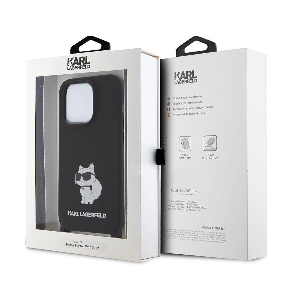 Hülle für Apple iPhone 15 Pro Max, Karl Lagerfeld, Silicone Crossbody Choupette, Schwarz