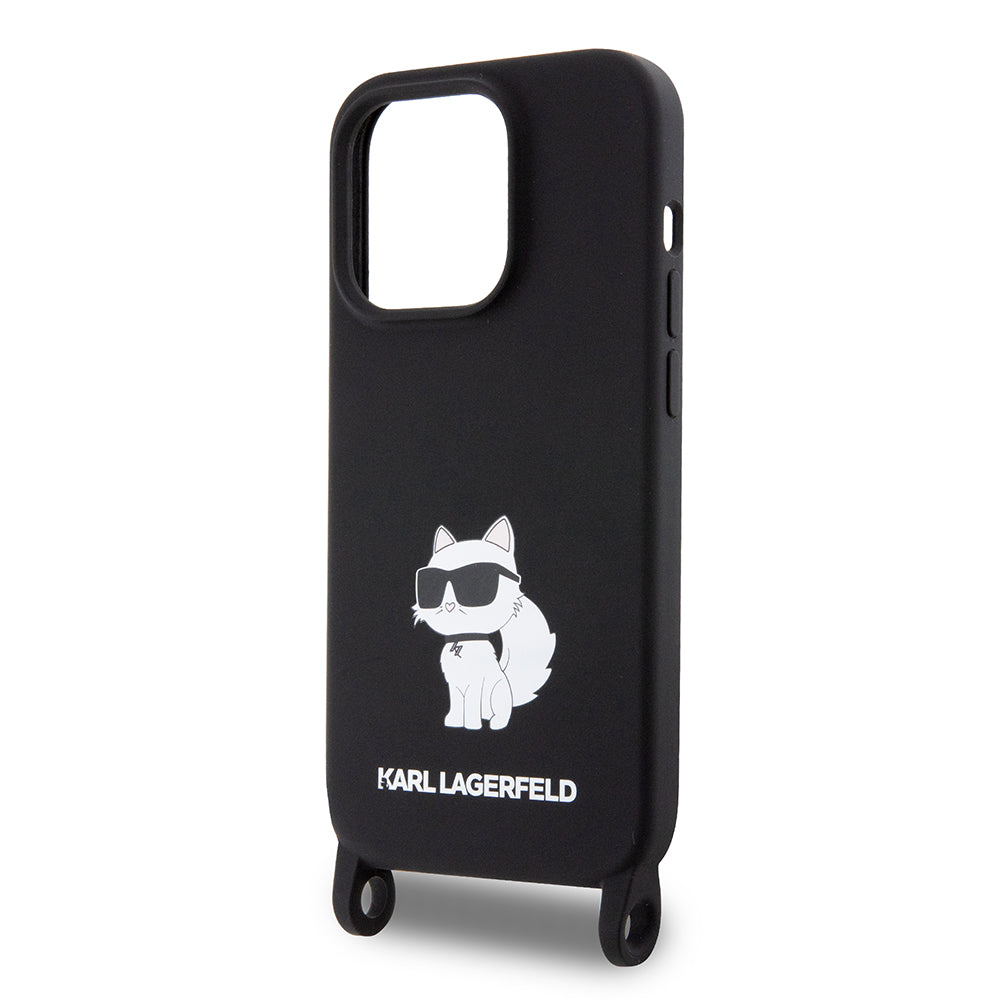 Hülle für Apple iPhone 15 Pro Max, Karl Lagerfeld, Silicone Crossbody Choupette, Schwarz