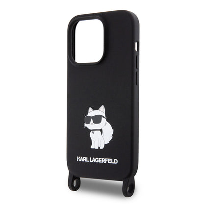 Hülle für Apple iPhone 15 Pro Max, Karl Lagerfeld, Silicone Crossbody Choupette, Schwarz