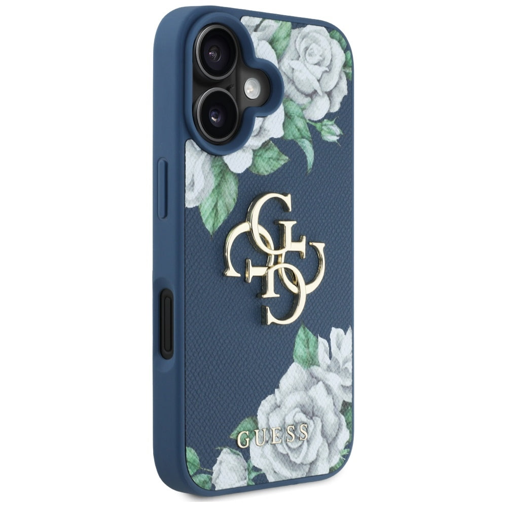 Case for Apple iPhone 16, Guess, 4G Grained Roses Big Logo, Blue