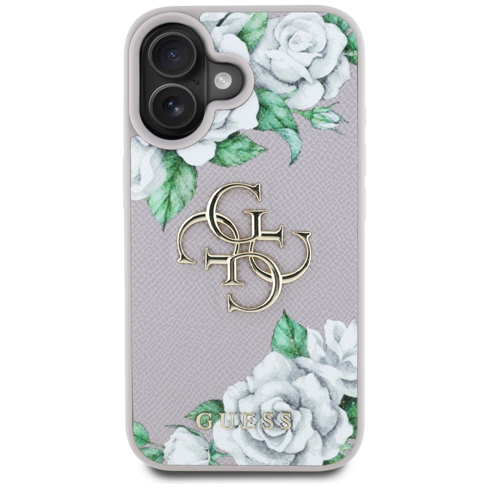 Hülle für Apple iPhone 16, Guess, 4G Grained Roses Big Logo, Lila