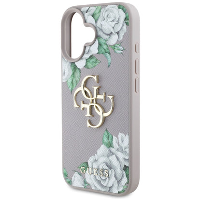 Hülle für Apple iPhone 16, Guess, 4G Grained Roses Big Logo, Lila