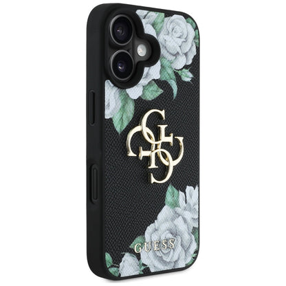 Hülle für Apple iPhone 16, Guess, 4G Grained Roses Big Logo, Schwarz