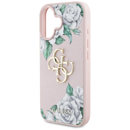 Hülle für Apple iPhone 16, Guess, 4G Grained Roses Big Logo, Rosa