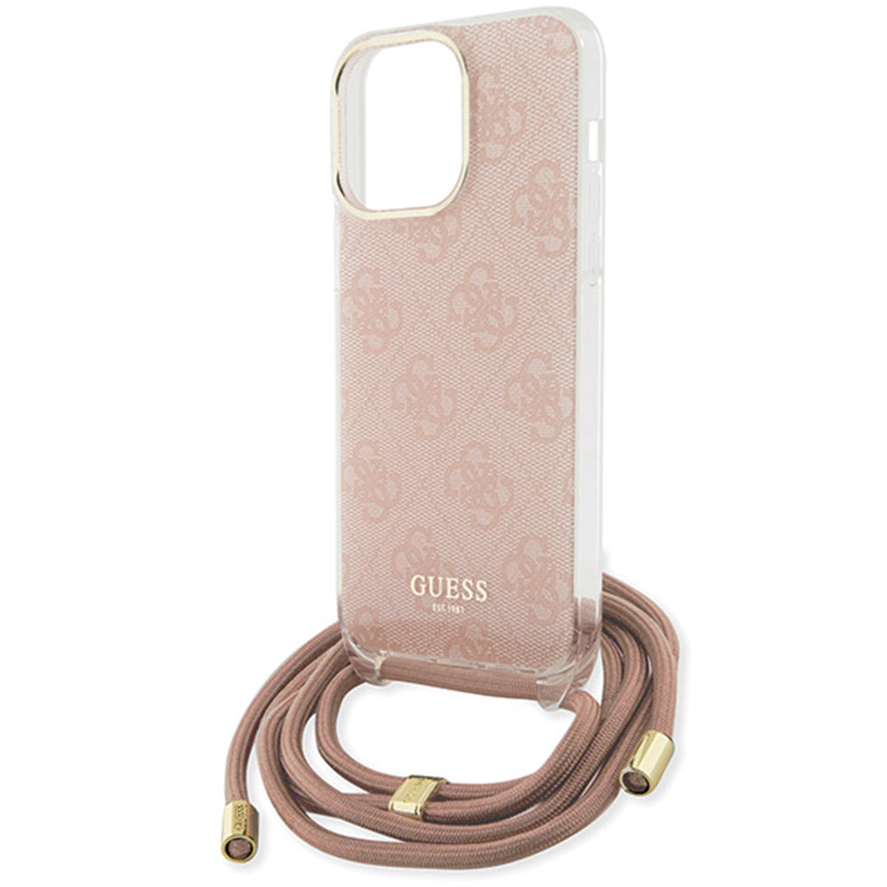 Hülle für Apple iPhone 16, Guess, Crossbody Cord 4G Print, Rosa