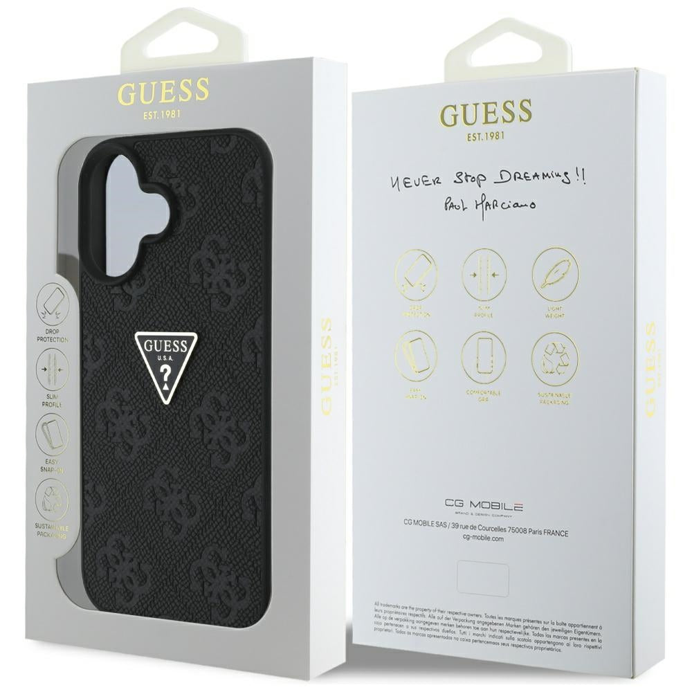 Hülle für Apple iPhone 16, Guess, Hot Stamp 4G Pattern Triangle Logo, Schwarz