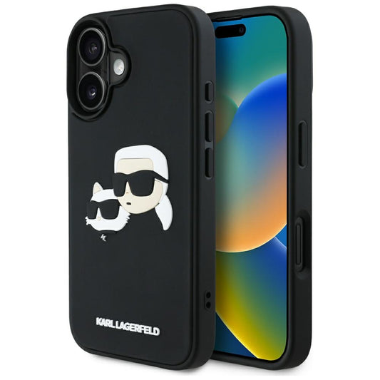 Hülle für Apple iPhone 16, Karl Lagerfeld, 3D Rubber Karl & Choupette, Schwarz